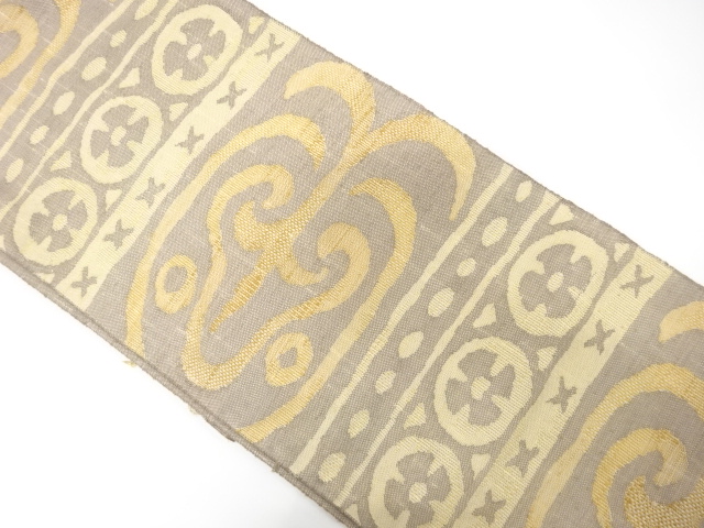 JAPANESE KIMONO / ANTIQUE HIRAKI NAGOYA OBI / SILK / MAWATA TSUMUGI / WOVEN ARABESQUE